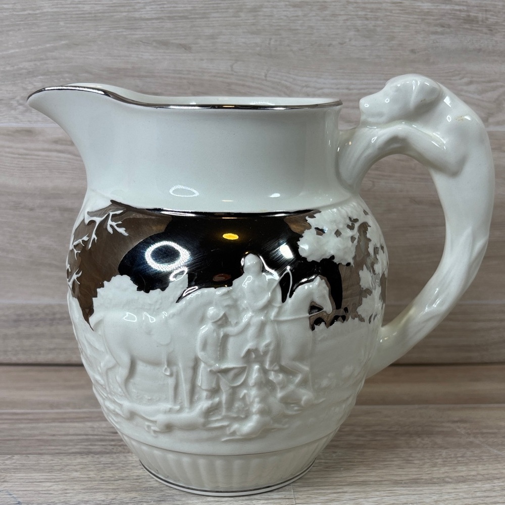Vintage Antique Wedgwood Etruria Embossed 5.5” Figural Hunt Scene Pitcher